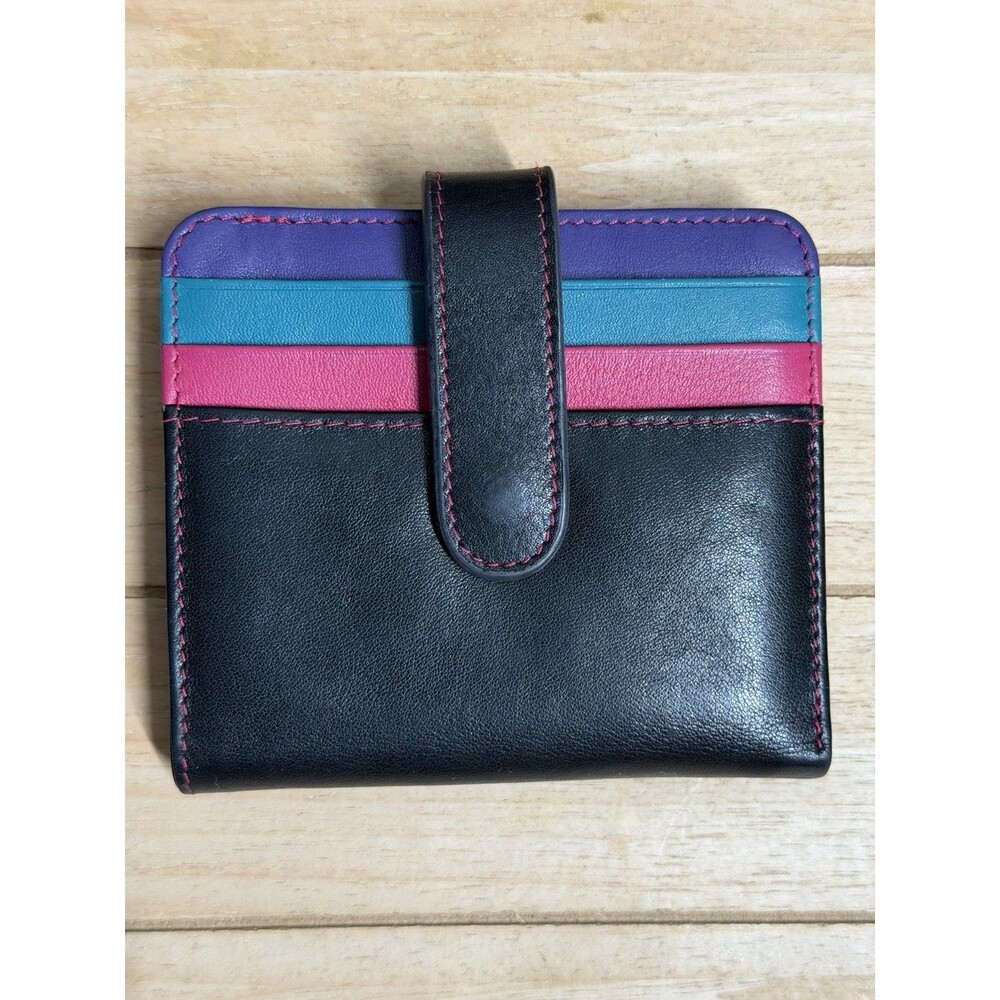 ILI New York Black Bright Colorful Leather Bi-Fold RFID Credit Card Wallet 4x4